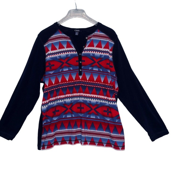 Ralph Lauren CHAPS Henley Shirt Plus 2X Long Sleeve Split Neck Aztec Southwest - Picture 1 of 5